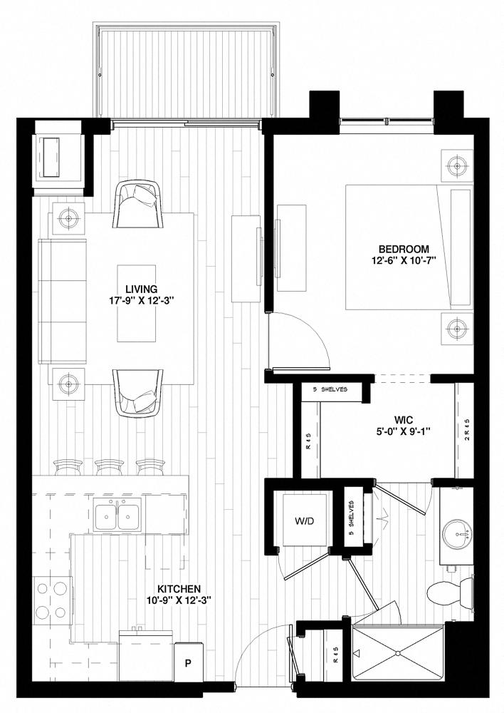 Floor plan for 1 bed, 1 bath, 721 sqft